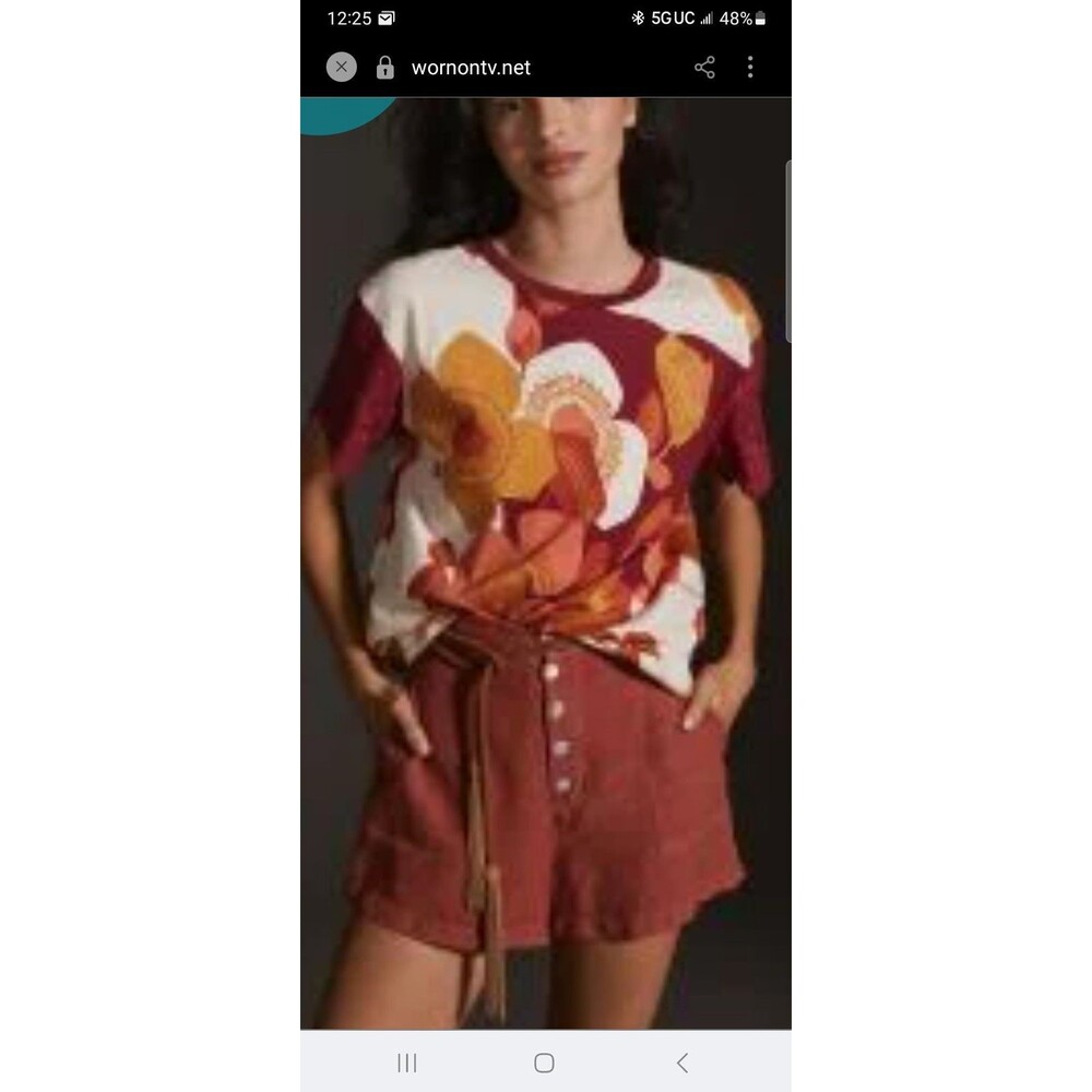 Anthropologie Tiny eyelet tee S burgundy floral knit T-shirt top mixed materials